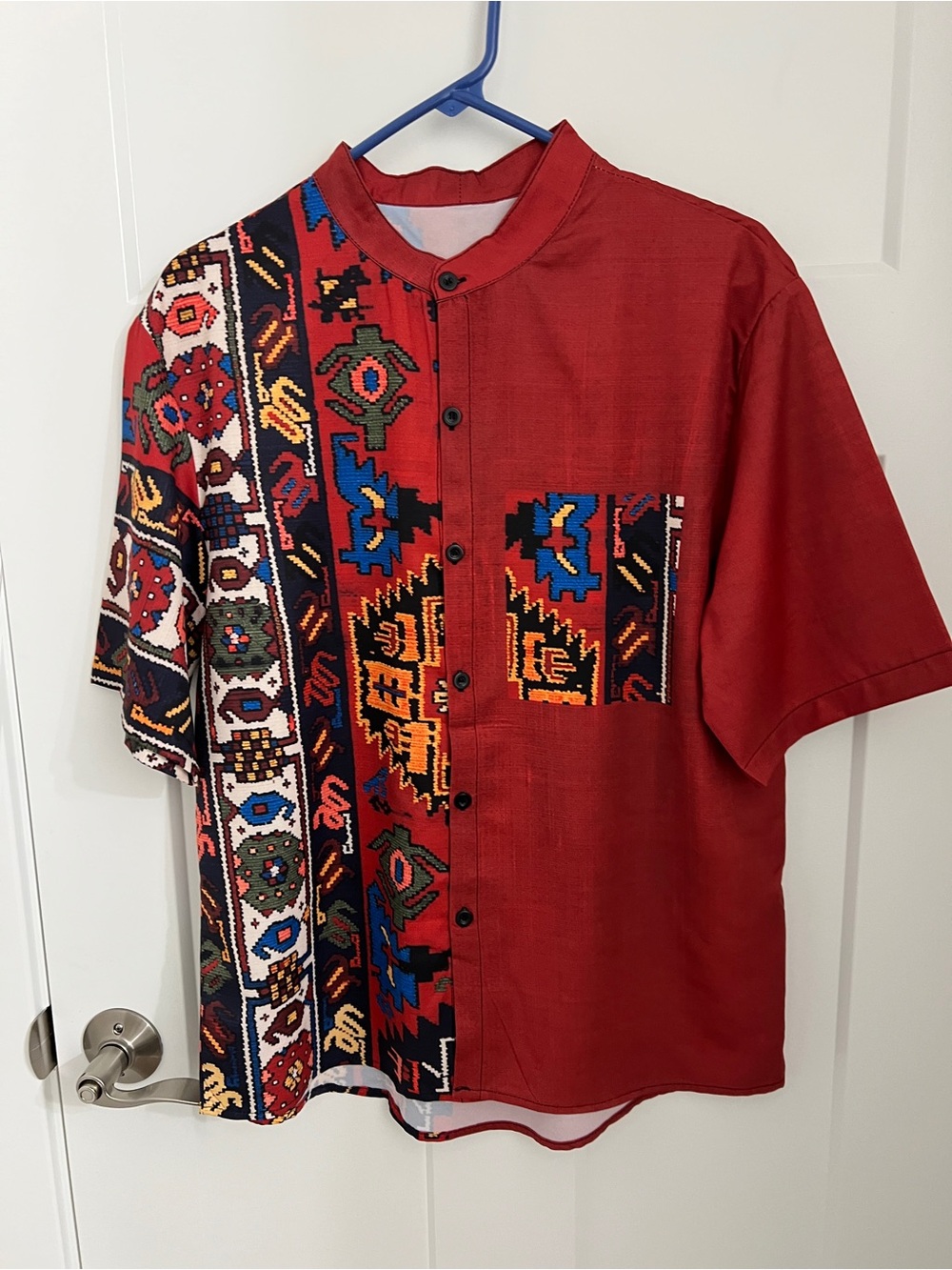 Men's Red Patterned Short Sleeve Shirt